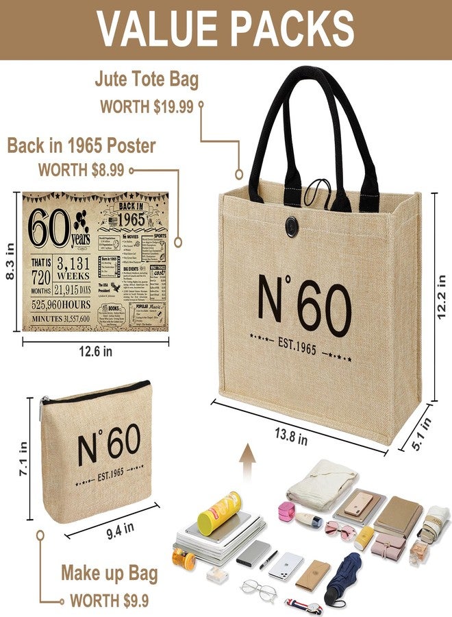 YeohJoy 60th Birthday Gifts for Women Jute Tote Bag, Vintage N°60 Burlap Handbag with Cosmetic Bag and Back in 1965 Poster, Unique 60 Years Old Gifts for Mom Friends Wife Sister Her - Image 5